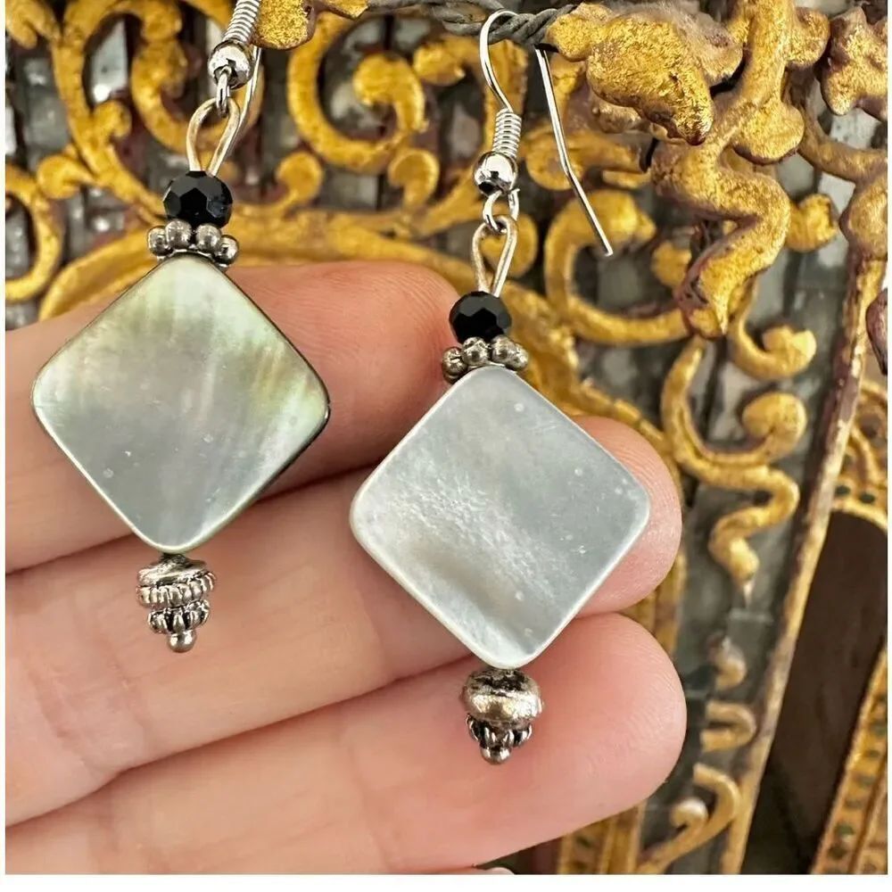 silver tone square abalone drop earrings